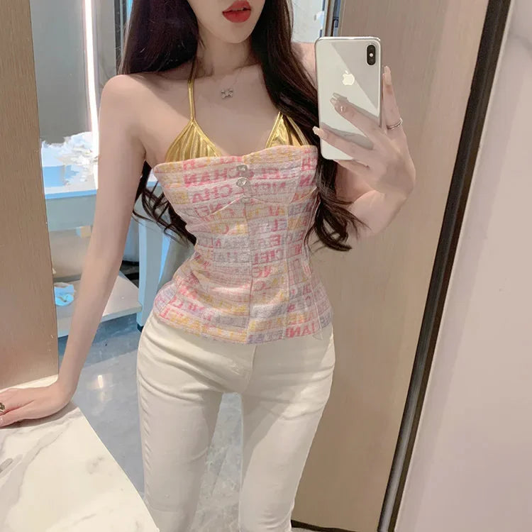 Women's top 2025 summer chic sexy socialite style pink Twed design sense strapless hanging neck vest