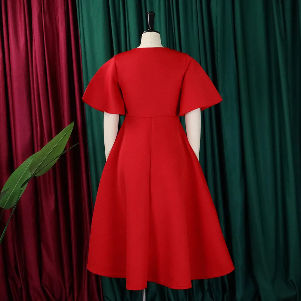 Dress Women Sexy Dresses White Round Neck Flare Sleeve Party Sheath Pleated High Waist Work Elegant Bodycon Mid Length Vestidos