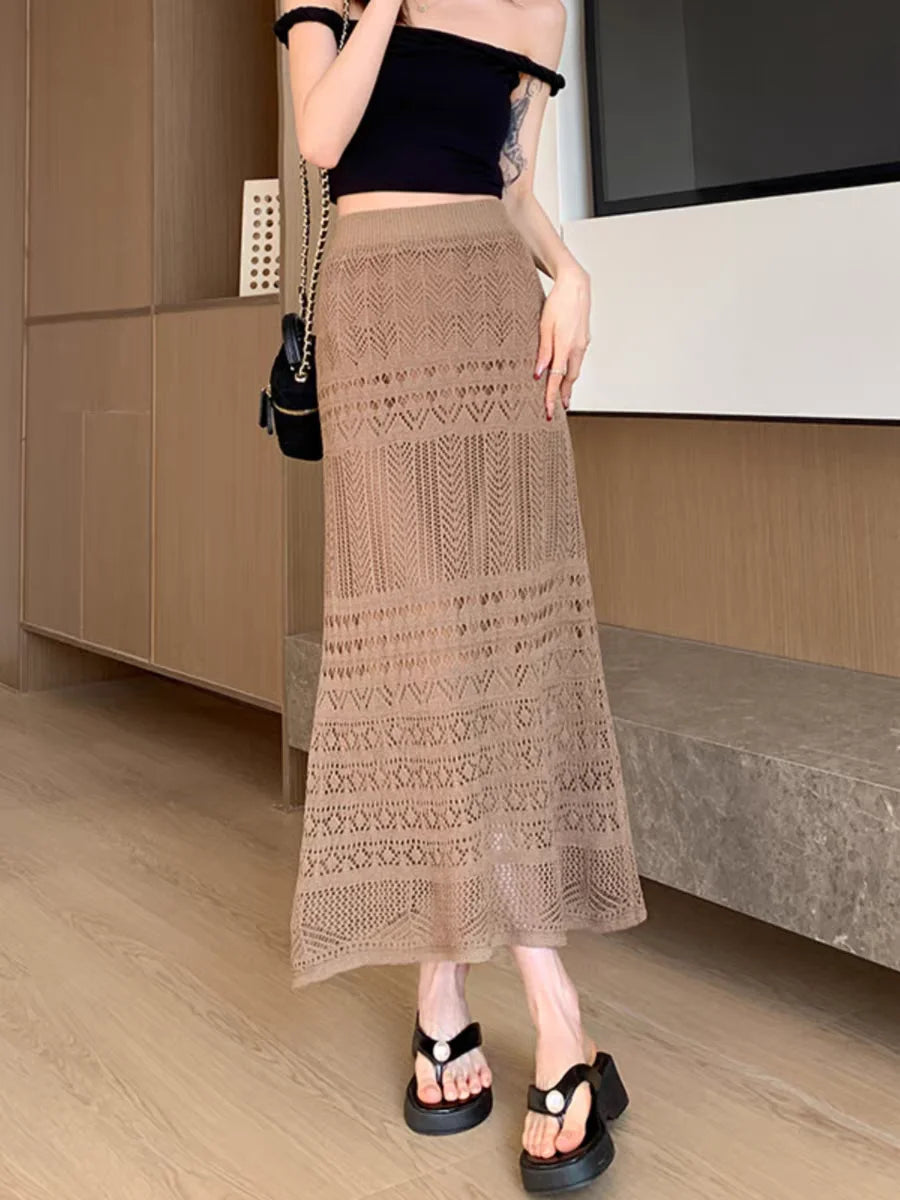 Skirts Women Trumpet High Waist Long Skirt Female Summer Elegant Knitted Hollow Out Fahison Skirt Bottom