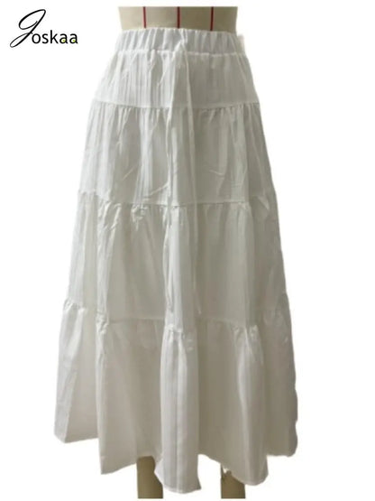 Joskaa Elegant White Skirt Women Hipster Lace-Up Elastic Waist Big Swing Skirts 2025 Summer Female Bottoms Holiday Beachwear