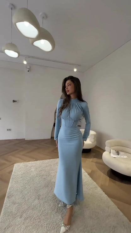 Women Muslim Dresses Slim Party Evening Dress Long Sleeve Pleated Lace-up Irregular Robe Maxi Dress Dubai Abaya Elegant Vestidos