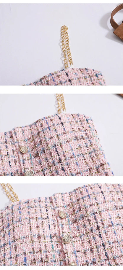 Women Summer Tweed Chain Chic Tank Tops Buttons Off Shoulder with Bra Pad Crop Tops Pleated Sexy Backless Sleeveless Sweet Camis