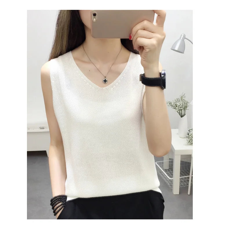 Top women Summer V Neck Hollow Knitted Vest Sleeveless Casual Tank Blusas Tops Sheer Mesh Patchwork T Shirt Bottom Camisole 2019