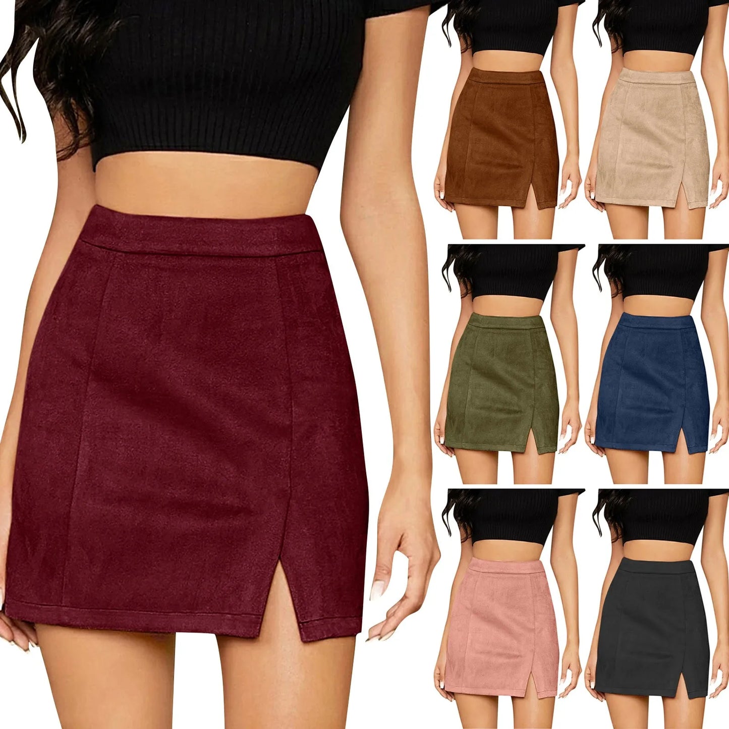 Skirts For Woman Women'S High Waist Faux Suede Side Split Short Skirt Roupas Femininas Traf Women 2024 Faldas  Mujeres New