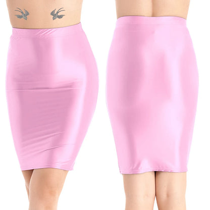 Mini Skirts Skirt For Women Autumn Bodycon Clubwear Glossy Shiny Stretchy Summer Tight Fitting High Waist Knee-length