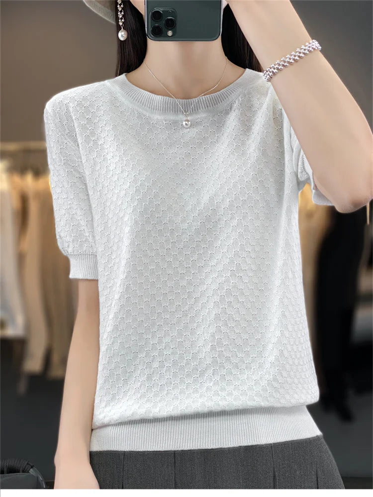 Women's T-shirt Summer 100% Cotton Sweater Short Sleeve Solid Color Round Neck Ladies Tops Loose Blouse Basic Pullover Tees