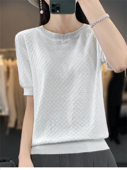 Women's T-shirt Summer 100% Cotton Sweater Short Sleeve Solid Color Round Neck Ladies Tops Loose Blouse Basic Pullover Tees