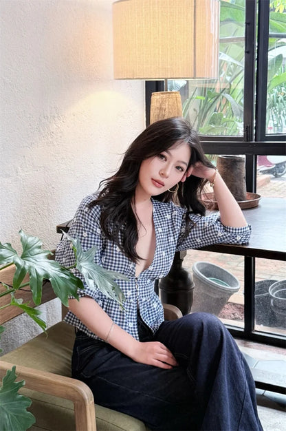 Women's Tops New Summer 2025 Small Check Tops Embroidered Trims Sexy Deep V-Neck Casual Fashion Versatile Personality