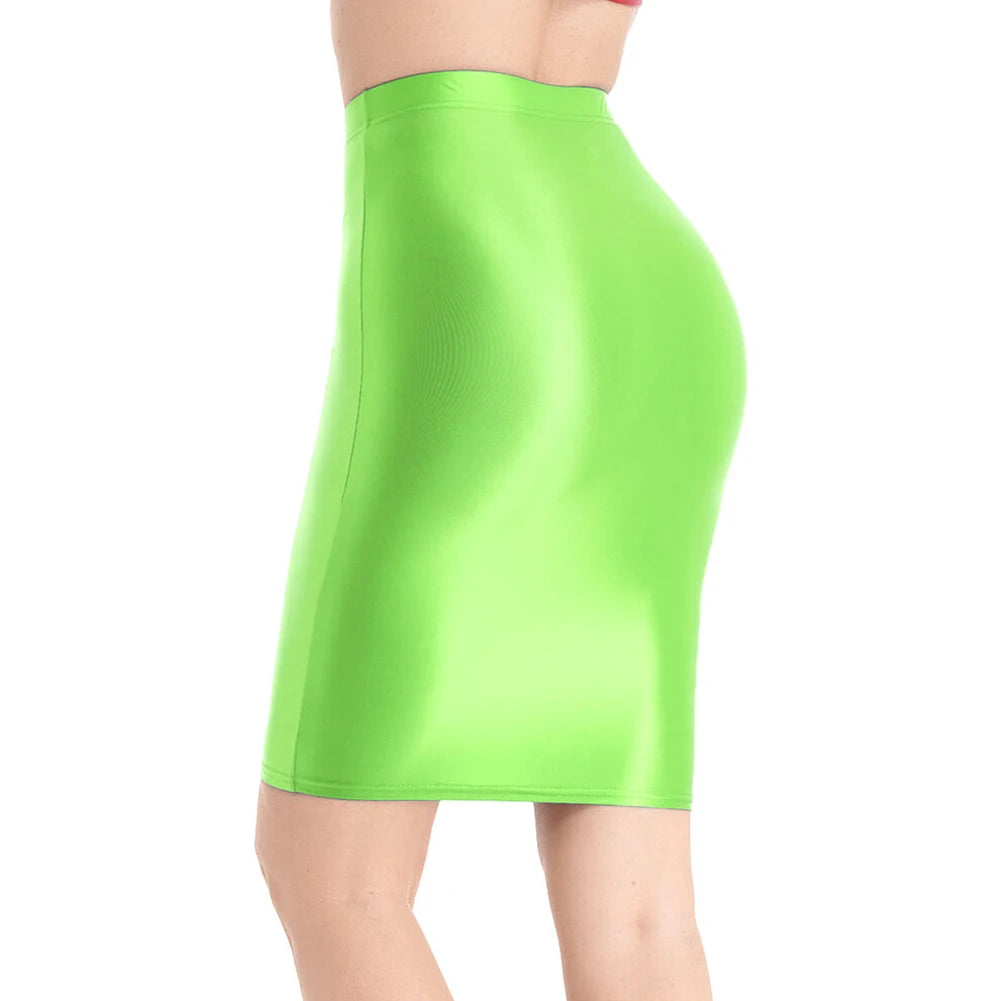 Mini Skirts Skirt For Women Autumn Bodycon Clubwear Glossy Shiny Stretchy Summer Tight Fitting High Waist Knee-length