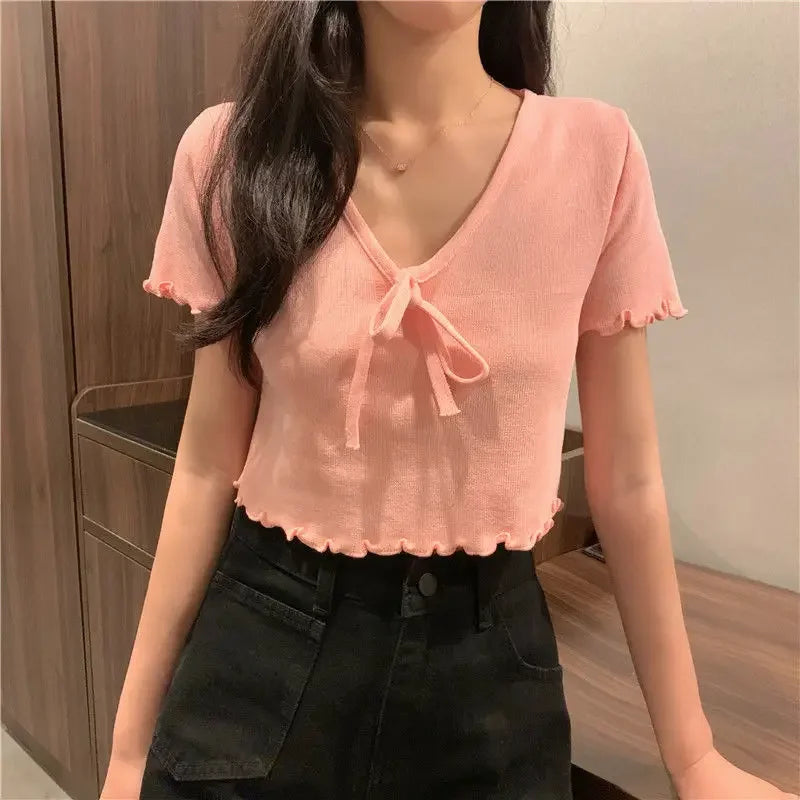 Tops Woman Short Sleeve T Shirt for Women V Neck New in Knitwears Plain Sexy Crop Korean Fashion Reviews Clothes Many Polyester