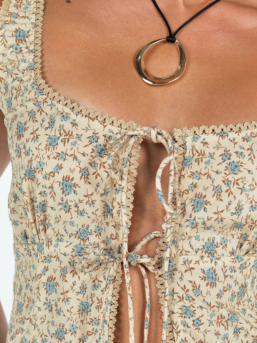 Women Tank Tops Fashion Floral Print Front Tie Up Vests Summer Slim Fit Sleeveless Cropped Top Y2K New Female Camis Streetwear