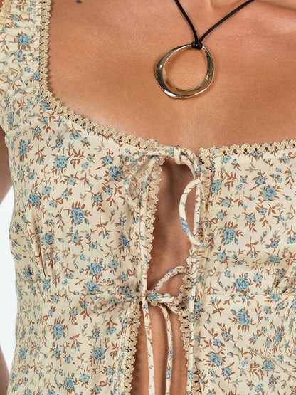 Women Tank Tops Fashion Floral Print Front Tie Up Vests Summer Slim Fit Sleeveless Cropped Top Y2K New Female Camis Streetwear