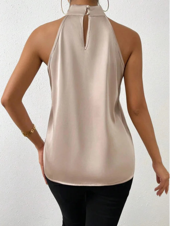 2025 Women's Tanks Top Camis Hanging Neck Strap Design Satin Gloss Loose Sleeveless Blouses Blusas Mujer Moda Black Sexy Shirt