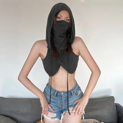 Streetwear Tank Top For Women Clothing Sexy Short Crossover Design Y2k Accessories Mouthpieces Sleeveless Hooded Ropa De Mujer