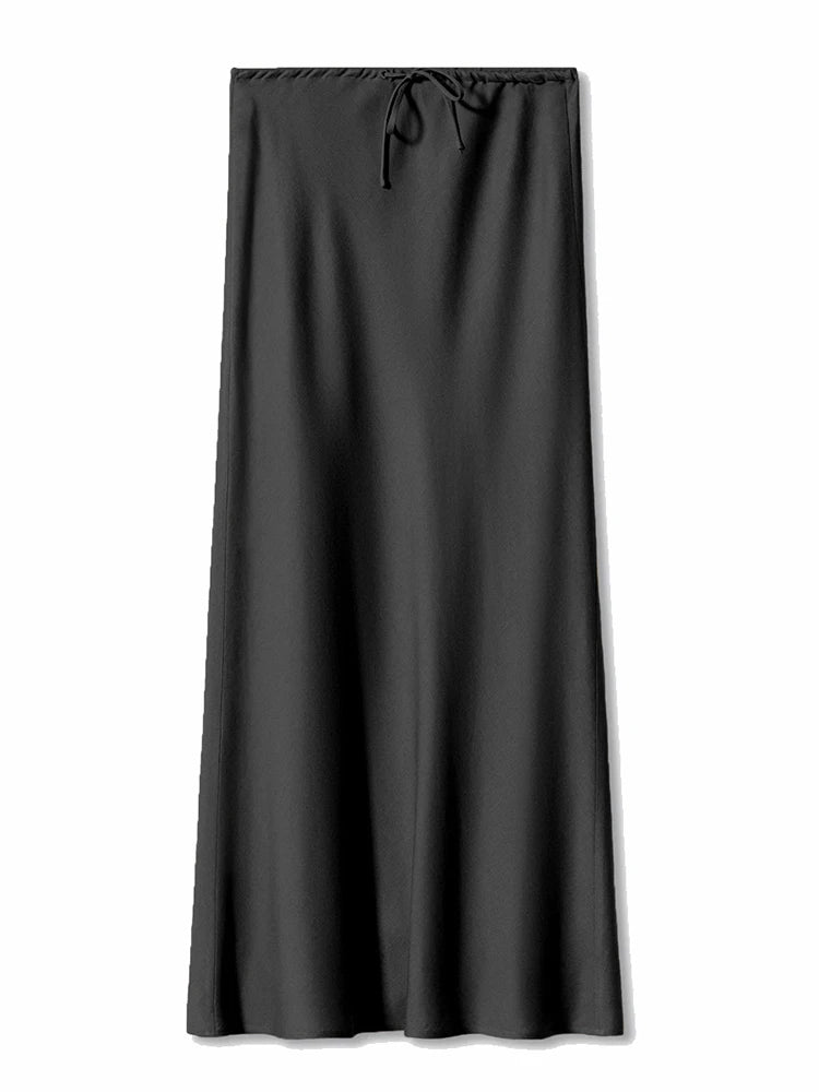 Long Black Satin Skirts Women For Work Summer Autumn Straight Brown Skirt Long Belt Coffee Formal Silk Maxi Skirt For Ladies