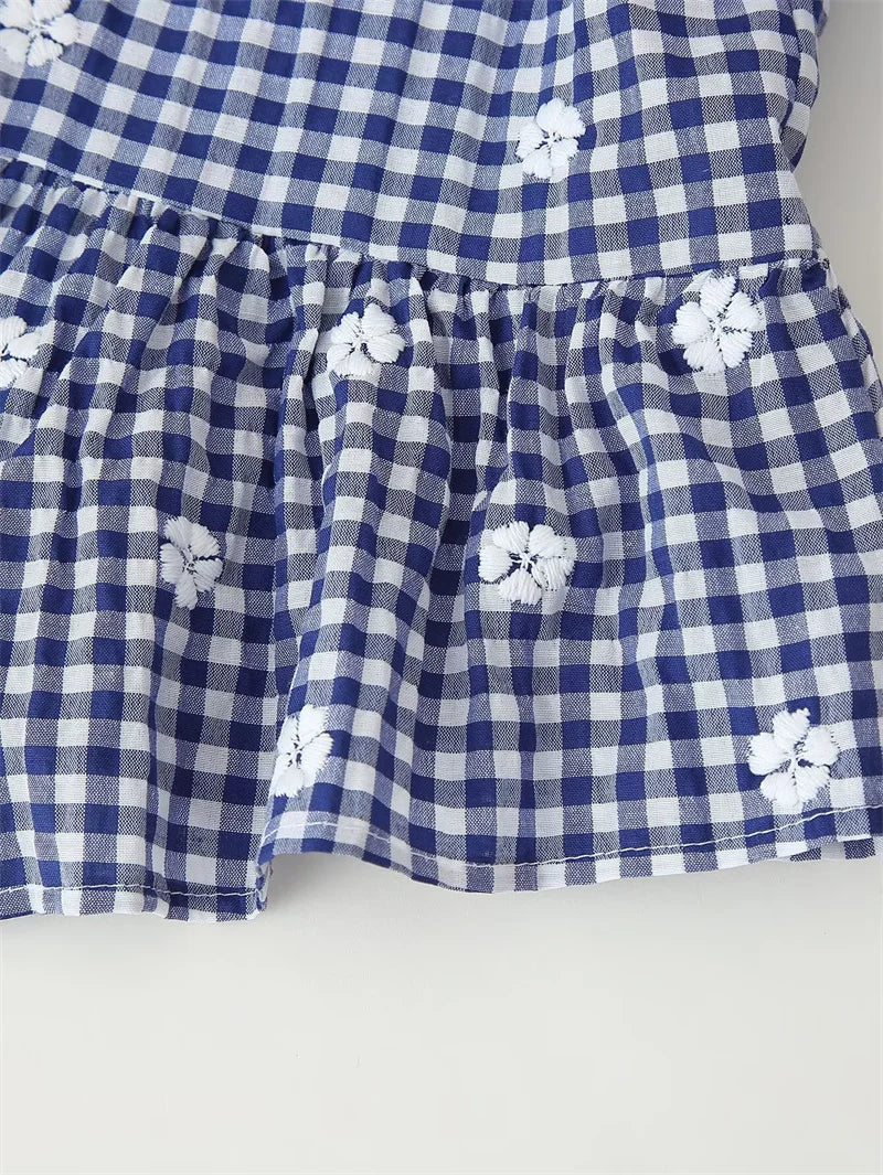 Women's Tops New Summer 2025 Small Check Tops Embroidered Trims Sexy Deep V-Neck Casual Fashion Versatile Personality