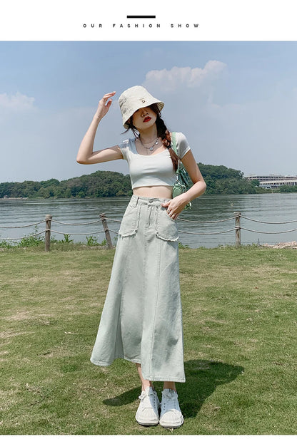 Apricot Denim Skirt Summer Women's 2024 New High Waist Slim Fashion Design Pocket Hip A-line Ankle-length Jean Skirt