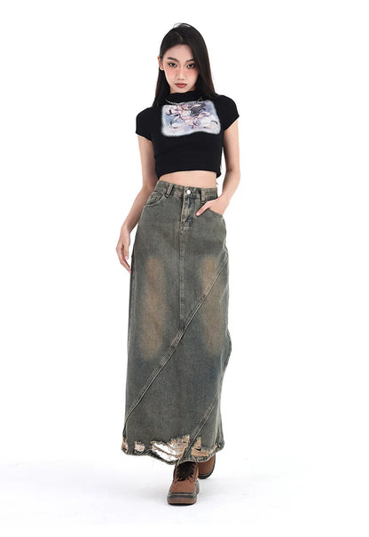 Women Denim Skirt Y2k Emo 2000s Clothes Long Skirt Harajuku Korean 90s Fashion Vintage Gradient A-line Jean Skirt Grunge Clothes