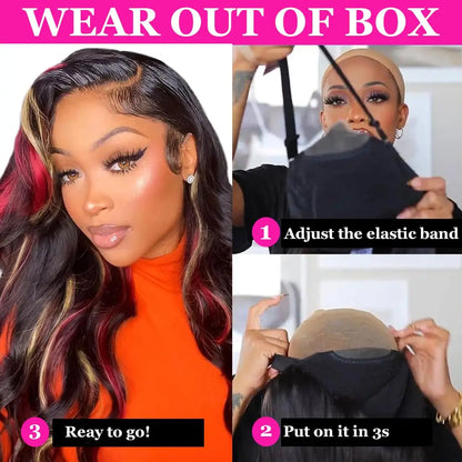 Highlight 5x5 Glueless Wigs Human Hair Pre Plucked Pre Cut Black Hair With Red blonde highlight Body Wave Wigs Human Hair 200%