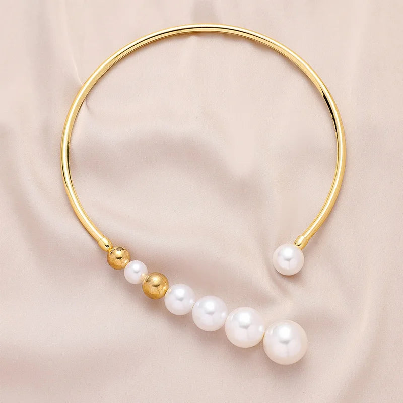 Exaggerated Pearl Necklace For Women Simple Versatile Golden Bead Opening Collar Exquisite Clavicle Korean Fashion Jewelry Gifts