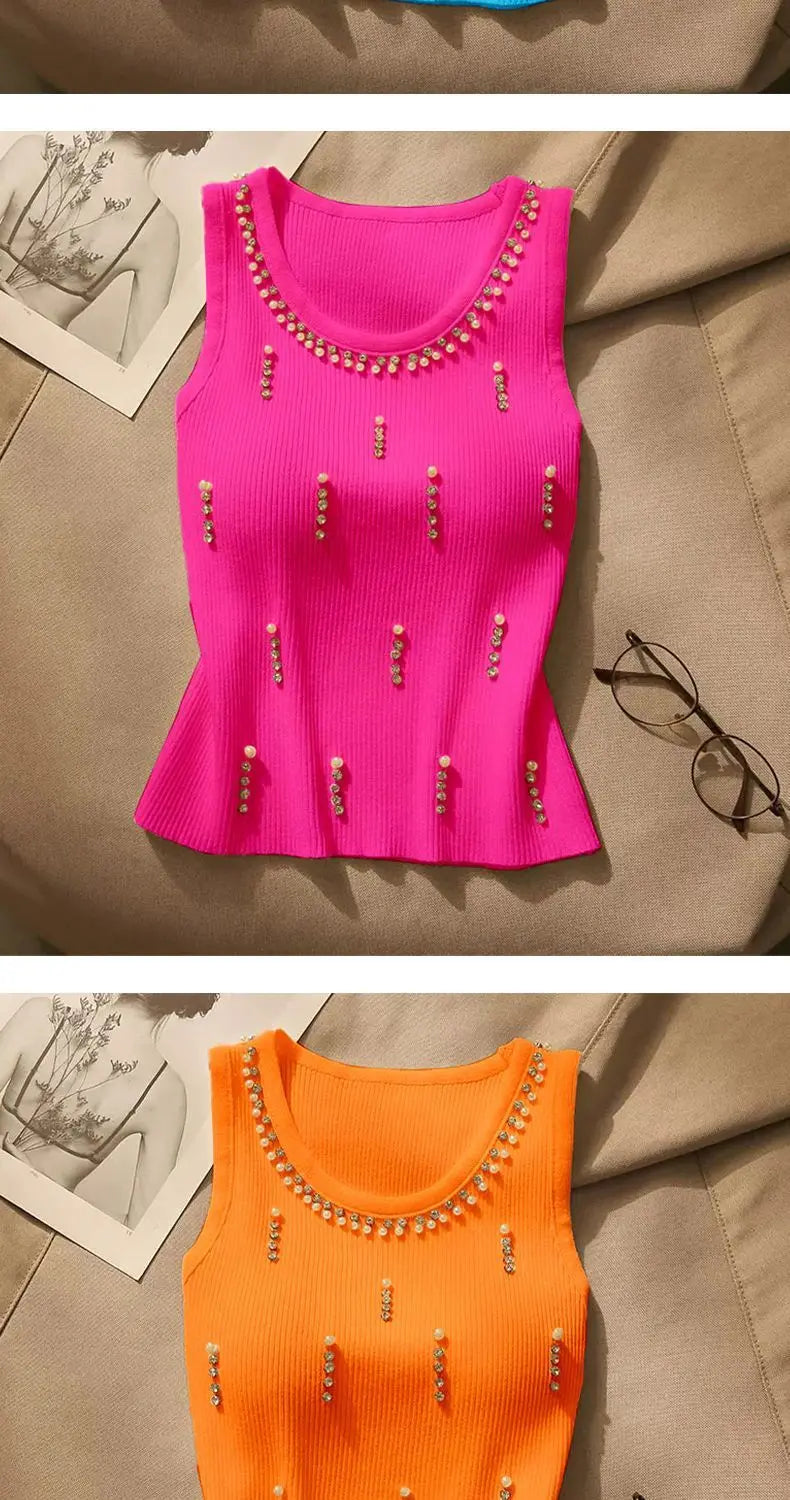 2025 New Women Vest Top Design Heavy Beads Diamonds Slim Vest Coat New Ice Silk Knitted Camisole Undershirt Women's Tops Summer