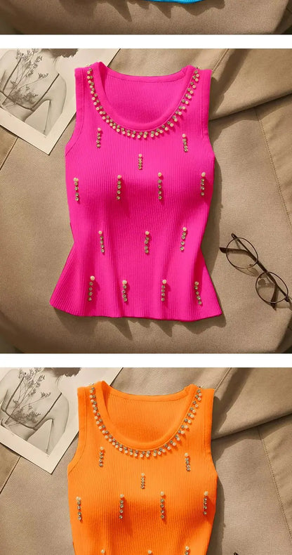 2025 New Women Vest Top Design Heavy Beads Diamonds Slim Vest Coat New Ice Silk Knitted Camisole Undershirt Women's Tops Summer