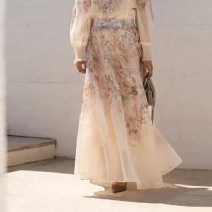 Elegant Floral Printed Long Skirts Set Women Loose Full Sleeve Single Breasted Shirts Pleated Skirt 2025 Summer Lady New Suits