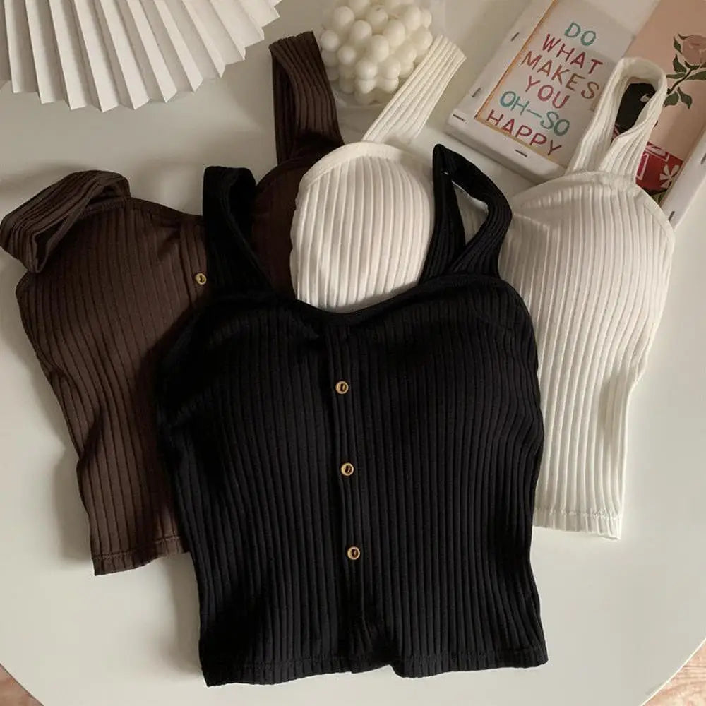 Women's Ribbed Tank Tops Y2K Cropped Tops with Bra Pads Knitted Button Down Suspenders Vest Sexy Camisole Female Short Tops