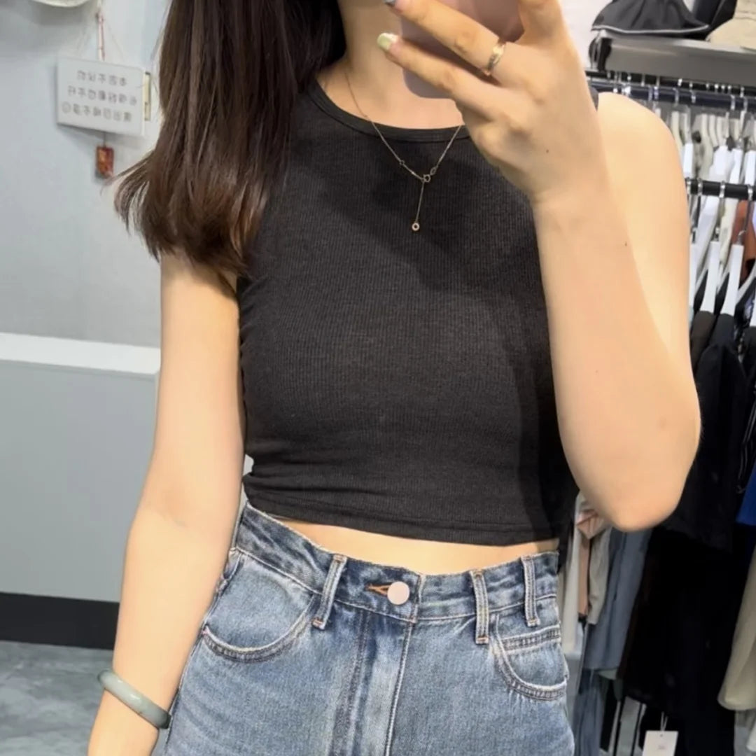 Women's Tank Top Crop Sexy Off Shoulder O Neck Solid Ribbed Knitted Casual Sport Vest Basic Elastic Camisole