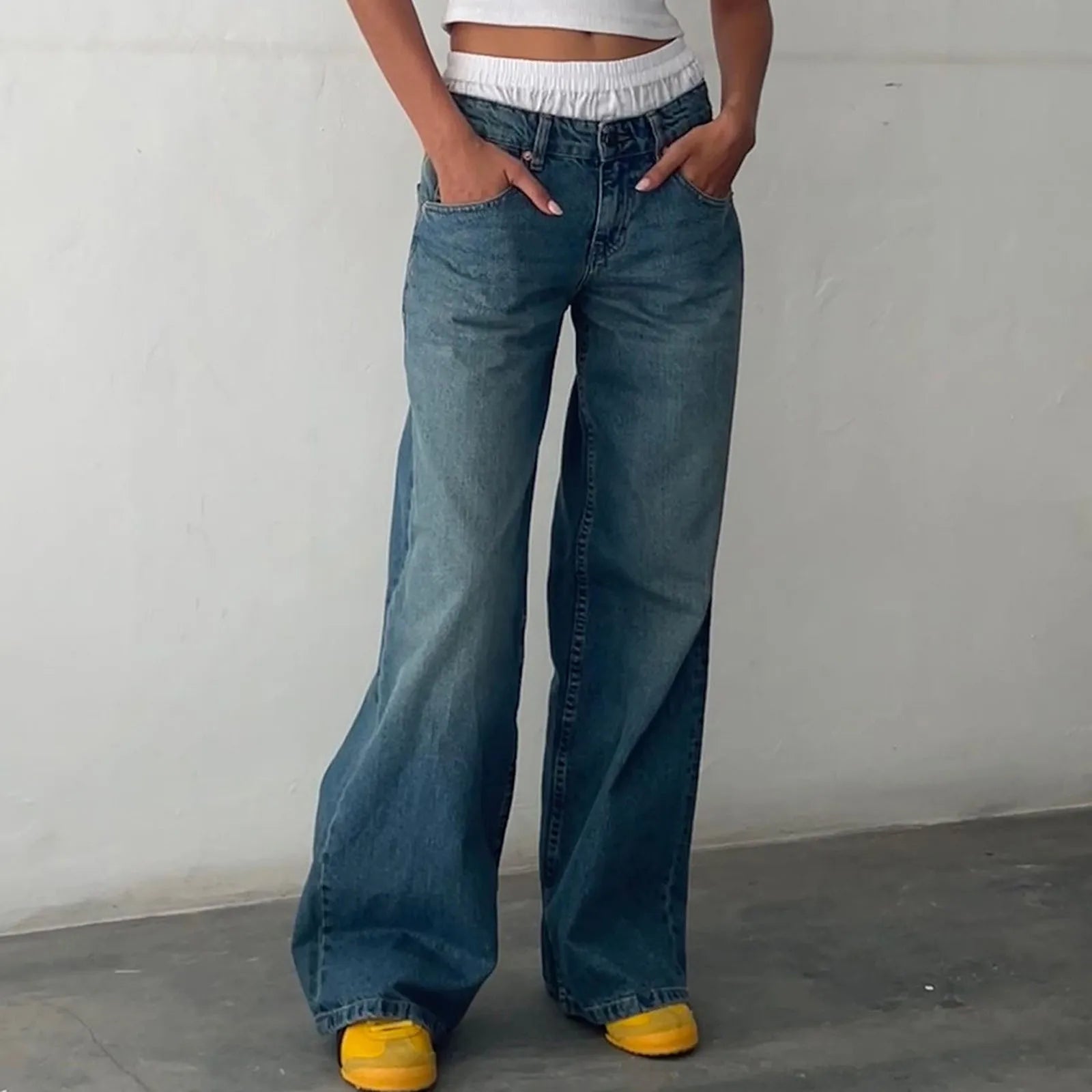 Retro Washed Jeans Women'S Design Sense Mid Waisted Straight-Leg Pants Loose Wide-Leg Mopping Pants Jeans Pants For Woman Jean