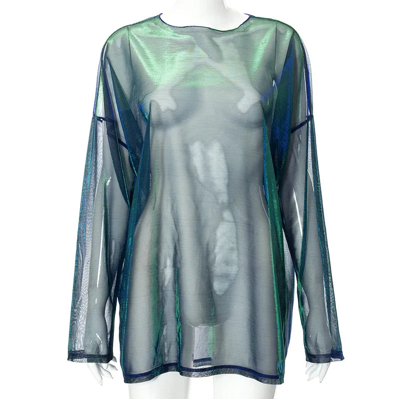 See Through T Shirts For Women Y2k Clothes Sexy Crop Tops Long Sleeve Oversized Tshirt O-Neck Club Outfit Reflective Egirl Tees