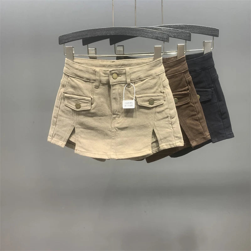 Women Khaki Denim Skirt Y2k Elegant A-Line Skirt Harajuku Korean Vintage Fashion 90s High Waist Jean Shorts Skirts 2000s Clothes