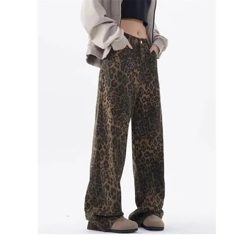 Women's leopard print jeans autumn and winter fashionable versatile loose retro casual pants straight leg wide leg pants