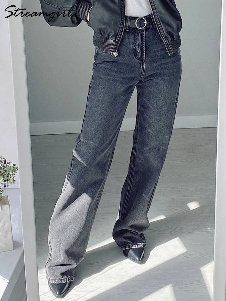 Blue Jeans Women High Waist 2025 Loose Casual Boyfriend Long Jeans For Work Ladies Simple Straight Leg Denim Pants For Women