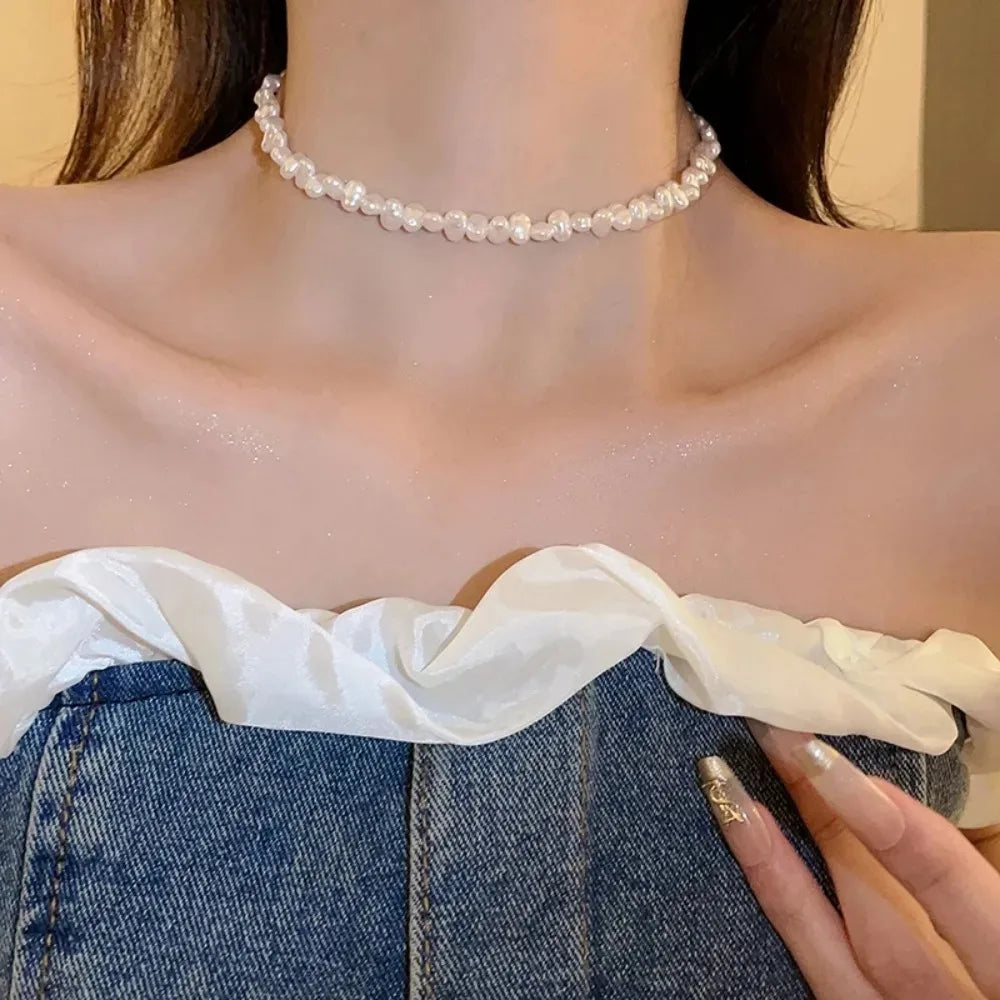 Baroque Pearl Necklace for Women Simple Fashion Collarbone Chain White Choker Necklaces Wedding Jewelry