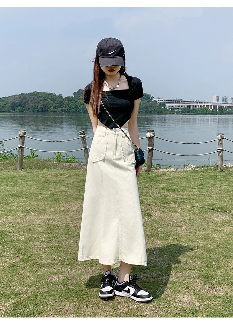 Apricot Denim Skirt Summer Women's 2024 New High Waist Slim Fashion Design Pocket Hip A-line Ankle-length Jean Skirt