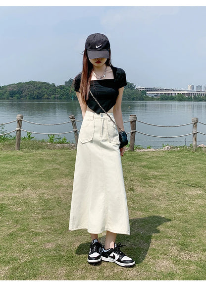 Apricot Denim Skirt Summer Women's 2024 New High Waist Slim Fashion Design Pocket Hip A-line Ankle-length Jean Skirt