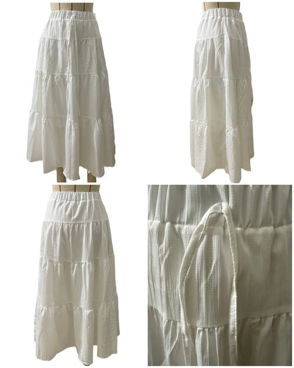 Joskaa Elegant White Skirt Women Hipster Lace-Up Elastic Waist Big Swing Skirts 2025 Summer Female Bottoms Holiday Beachwear