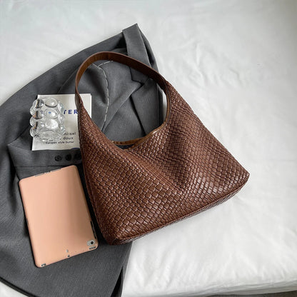 Women Large Shoulder Bag with Pouch Top Handle Bag Trendy PU Woven Tote Bag Leather Armpit Handbag Commuting Bag