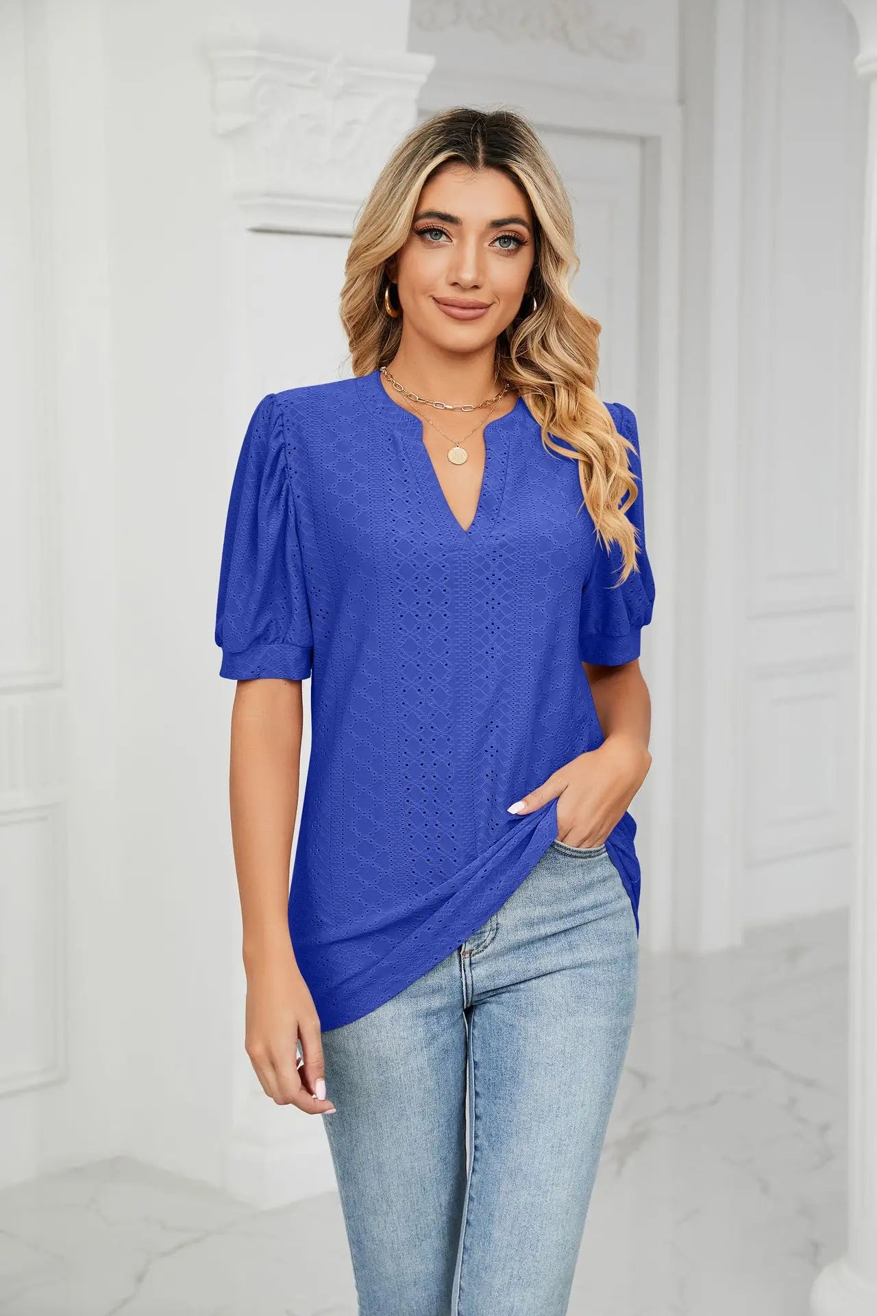 Womens Tops V Neck Ruffle Sleeve Blouses Short Sleeve Casual Tops T-Shirts for Women Autumn Winter