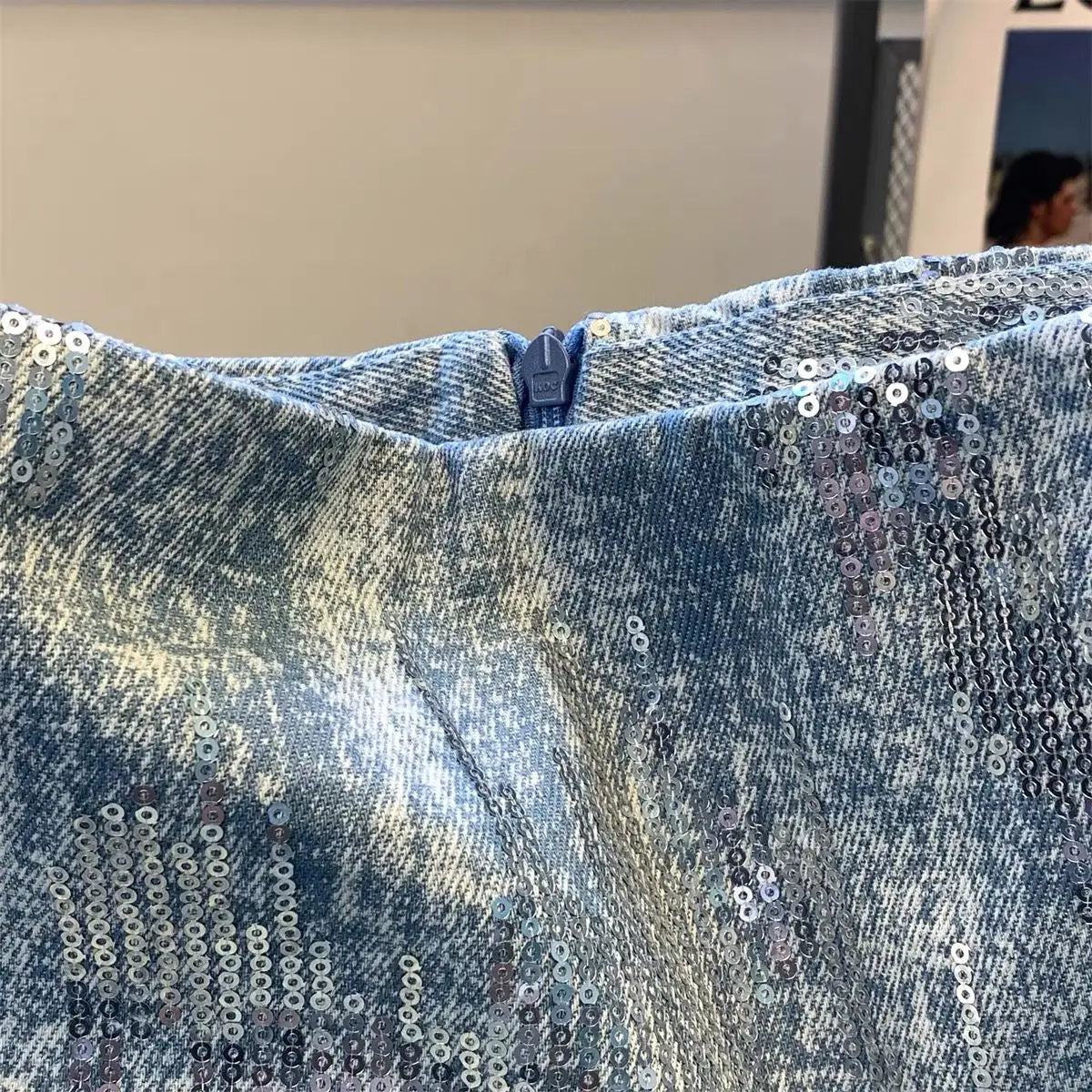 Blue Sequin Denim Skirt Jupe Femme Short Skirts for Women Korean Fashion Faldas Mujer Moda Spring Summer Y2k 2025 Casual High