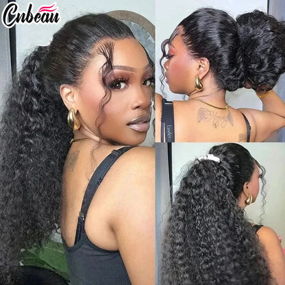 Invisi Strap Water Wave High 250 Density 360 Full Lace Front Kinky Curly Wig 30 inch Black Human Hair Drawstring Snug Preplucked