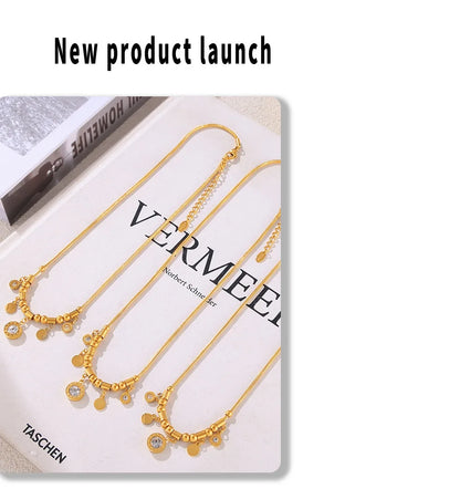 Necklace for Women Round Zircon Roman Pendant Tassel Charm Luxury Gold Plated Stainless Steel Jewelry Wholesale