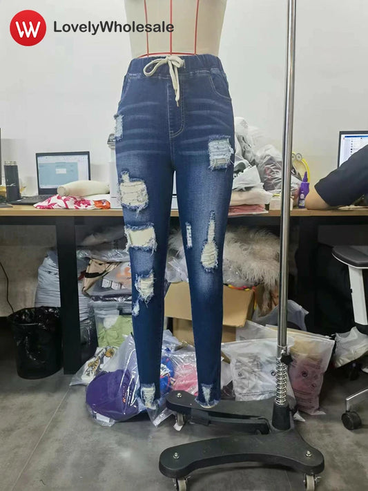 LW Women's Ripped Jeans 2024 Autumn Skinny Denim Pant Woman Fashion Drawstring Stretch Boyfriend Destroyed Pencil Jeans Female