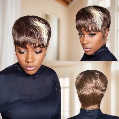 WIGERA  Highlight Synthetic Wigs Short Straight  Pixie Cut Hair Bob Wig Honey Gold Mix Black  Hair For Woman