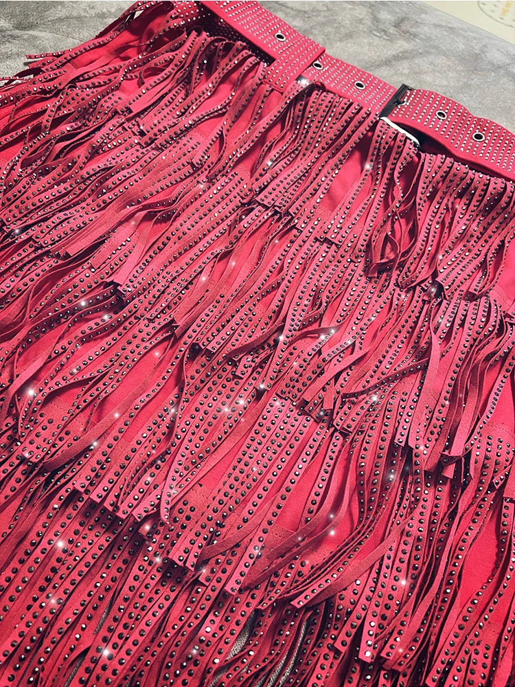 Women Skirt Fashion 2025 New Autumn High Waist Belt Multi Layer Short  Heavy Drilling Rhinestones Fringed Skirt with Cake A Line