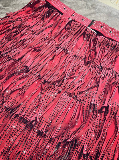 Women Skirt Fashion 2025 New Autumn High Waist Belt Multi Layer Short  Heavy Drilling Rhinestones Fringed Skirt with Cake A Line