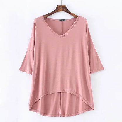 Fashion Tops Tees 2024 Summer T-shirt Women Half-Sleeve Solid Loose Shirt V-neck Oversize Basic Top Shirts for Women Casual