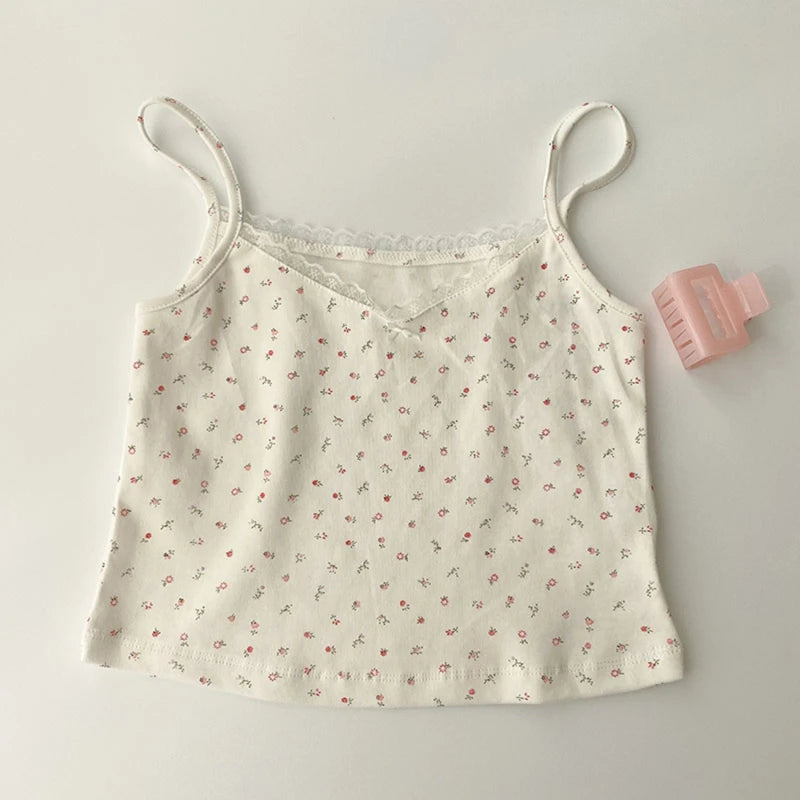 Women Tops Summer Girls Tops Short Slim Lace Sweet Print Crop Top Ladies Bottoming Cute Tops Top Mujer Top Femme