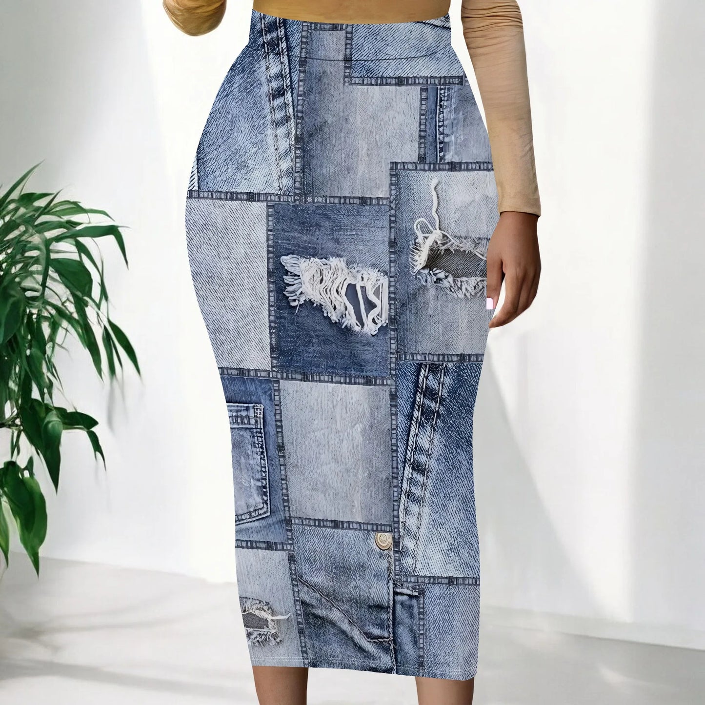 Womens Long Cotton Patchwork Stretch Denim Skirt a Line Flared Jean Maxi Skirt